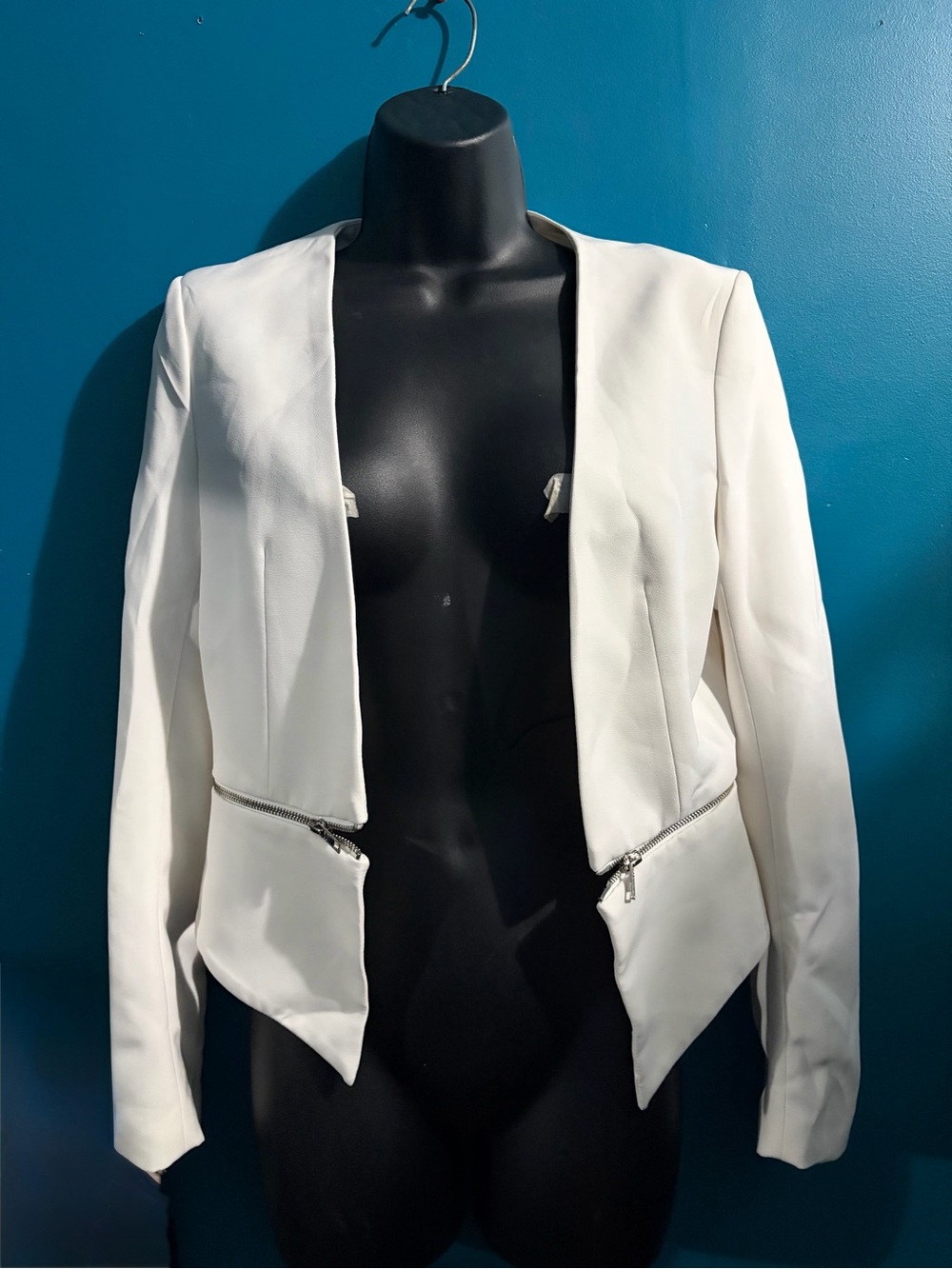 White Open Front Blazer Silver Zipper Detail Size Small